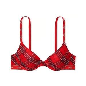 Victorais Secret Pink Bra 32B Plaid Red Underwire Lightly Lined T Shirt Bra NEW